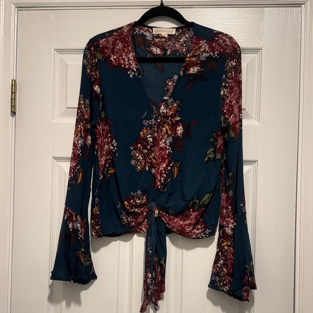 Vici Floral Tie-Front Blouse - Teal and Burgundy - Size Large